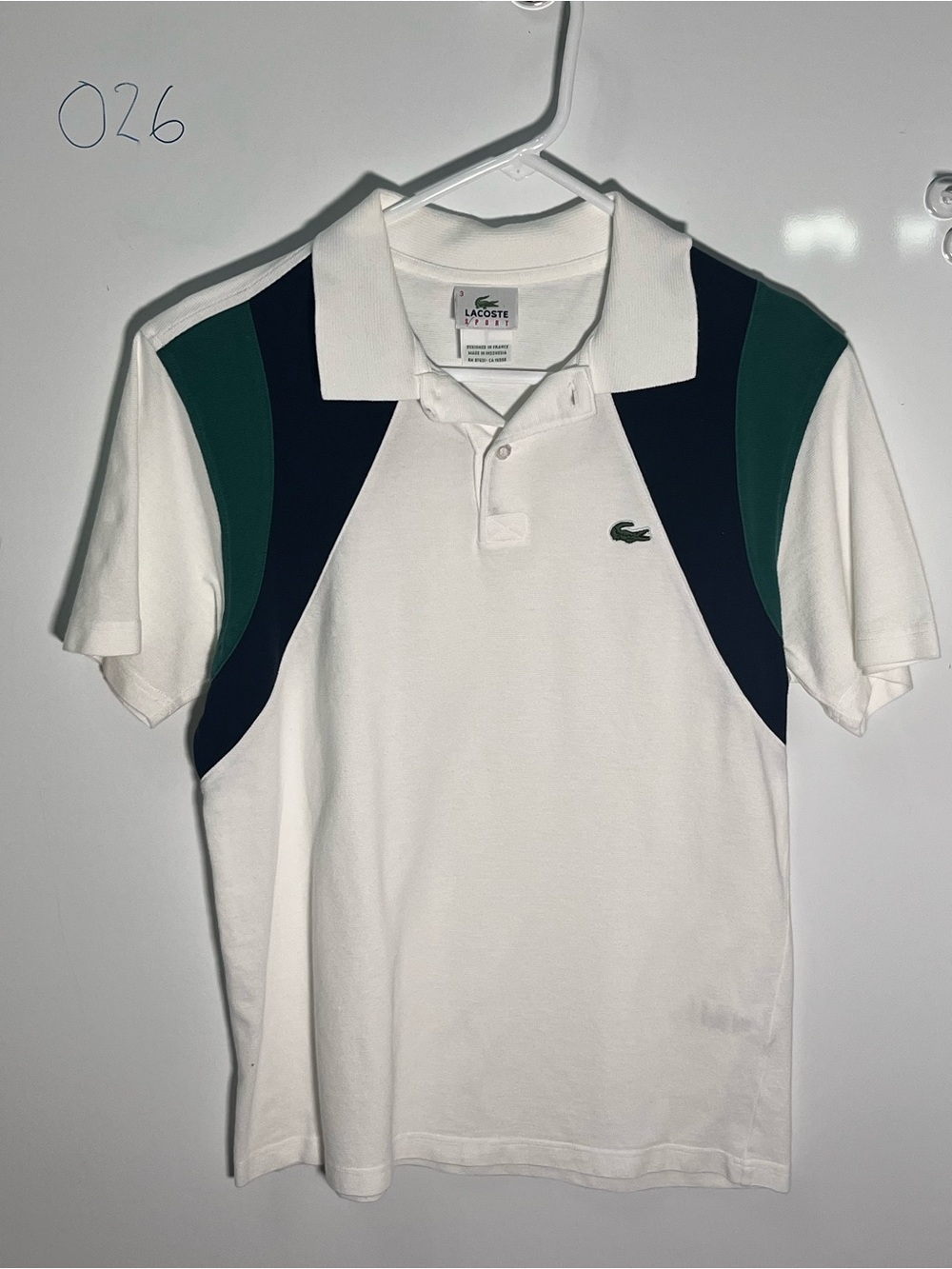 Lacoste White Polo with Green & Navy Shoulder Panels